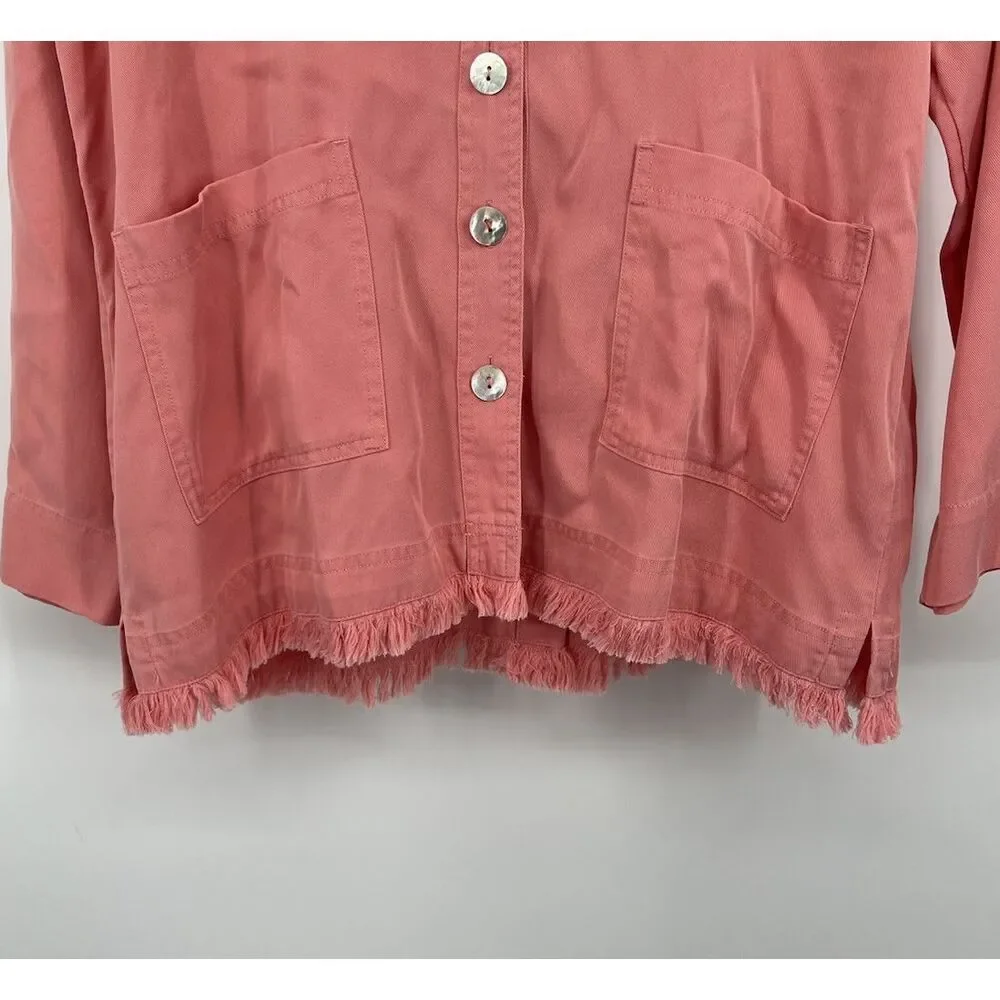 Soft Surroundings Shirt Jacket Size Medium Button Coral Pockets Raw Hem